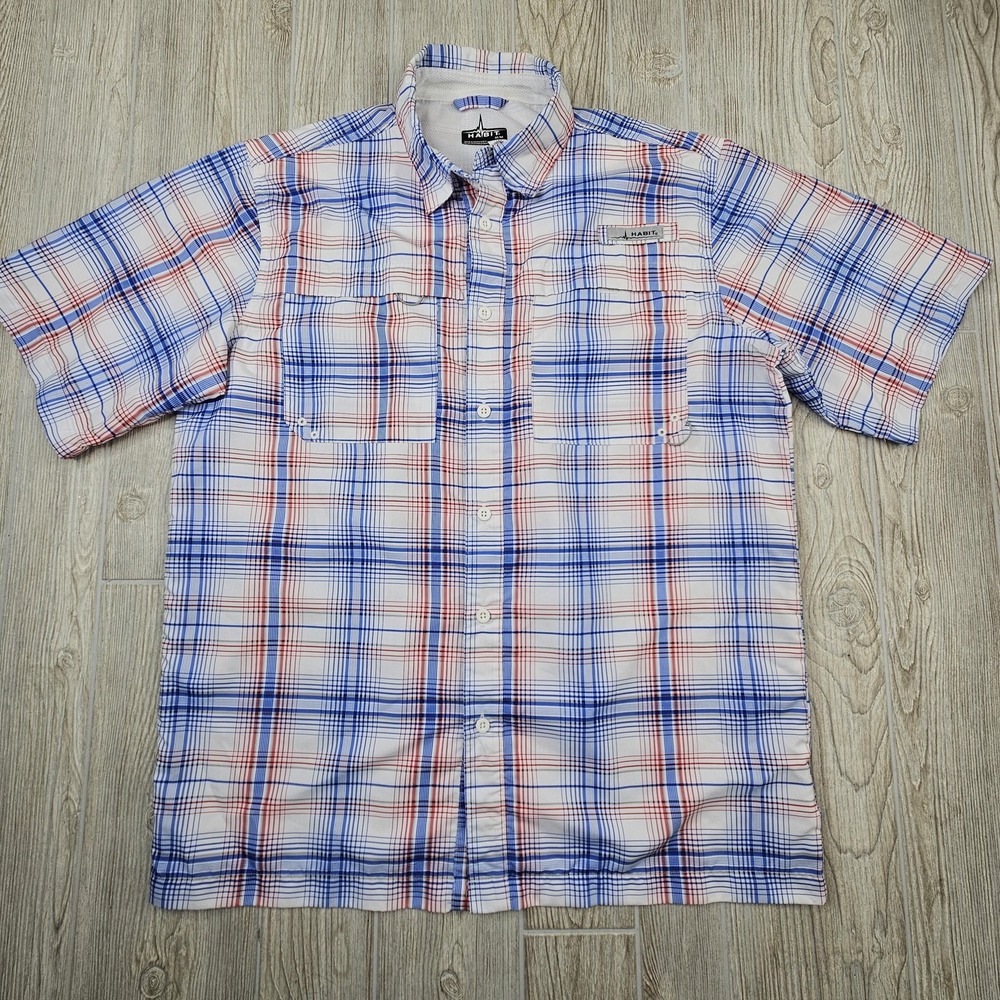Habit Shirt Mens Medium Blue Red Plaid UPF 40 Fishing Outdoors Pockets D‎ Ring